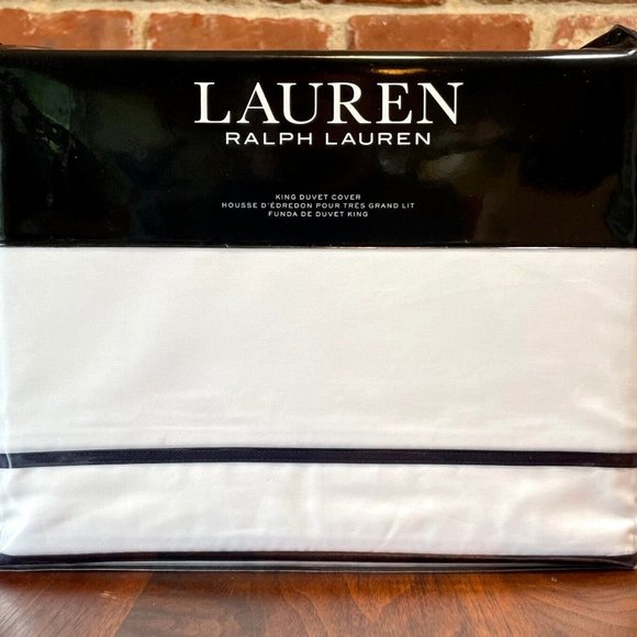 Ralph Lauren Spencer Border Sateen KING Duvet Cover WHITE NAVY - Picture 4 of 8